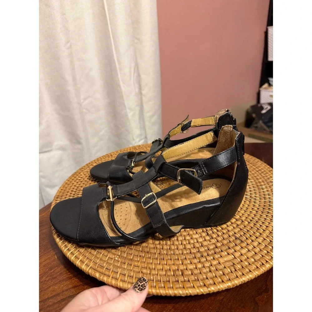 iComfort Womens Black Strappy Wedge Sandals Low Heel Back Zip Buckle Straps